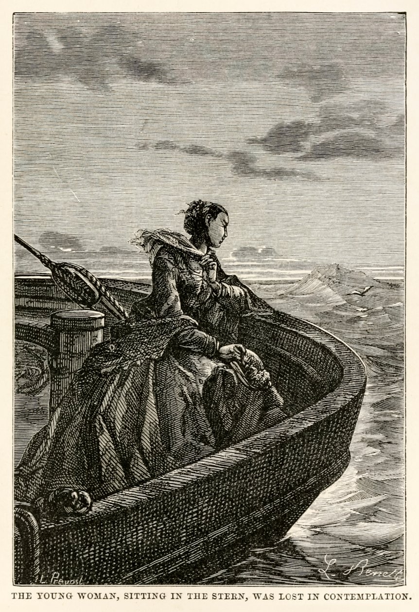 Mladá žena, sedící na zádi, se ztratila v kontemplaci, z knihy Cesta kolem světa za osmdesát dní od Julese Verna (1828-1905), rytina Jean Louis Prevost, (1790-1850), 1873 od Hippolyte Leon after Benett
