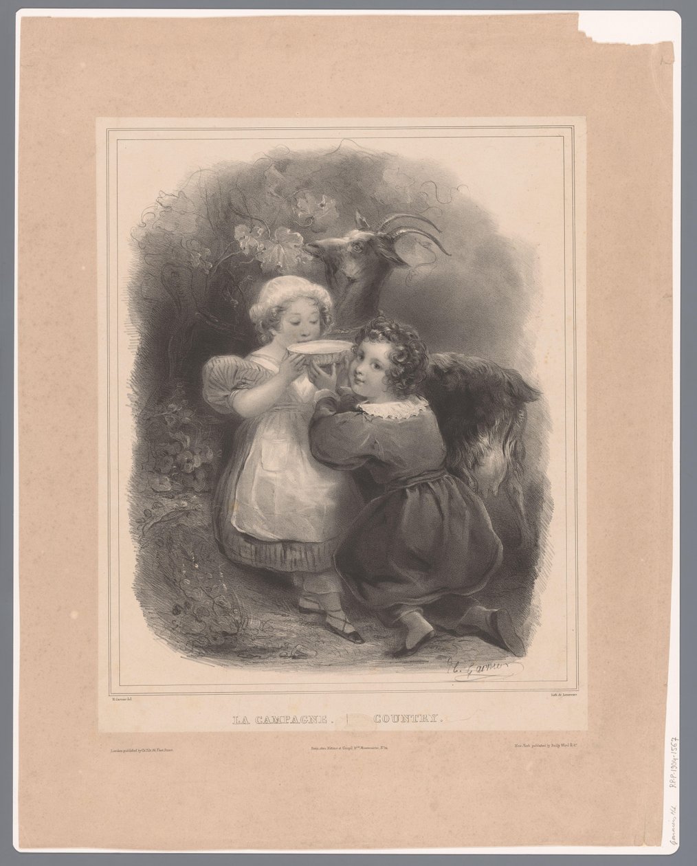 Dvě děti s kozou pijí kozí mléko La Campagne / Země (název na objektu) od Hippolyte Louis Garnier