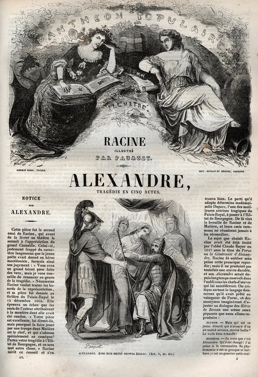 Tragédie Alexandra Velikého v pěti dějstvích – rytina do „Díla Jeana Racina““, ilustrovaná Pauquetem a upozornění Emile de La Bedolliere – 1851 od Hippolyte Louis Pauquet