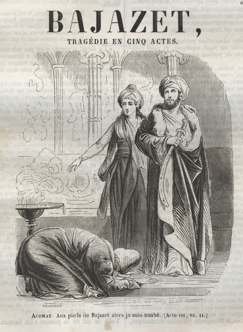 Tragédie Bajazet v pěti dějstvích od Jeana Racina rytina do „Oeuvres de Jean Racine““, ilustrovaná Pauquetem a upozornění Emile de La Bedolliere - 1851 od Hippolyte Louis Pauquet