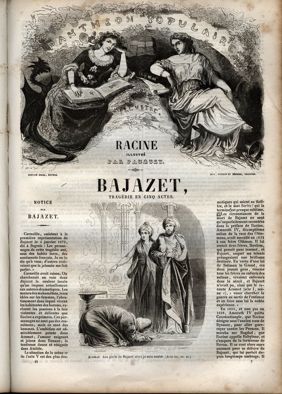Tragédie Bajazet v pěti dějstvích od Jeana Racina rytina do „Oeuvres de Jean Racine““, ilustrovaná Pauquetem a upozornění Emile de La Bedolliere - 1851 od Hippolyte Louis Pauquet