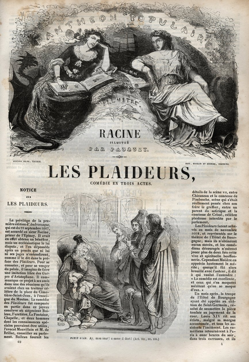 Les Plaideurs (1668) komedie o třech dějstvích – rytina do „Díla Jeana Racina““, ilustrovaná Pauquetem a upozornění Emile de La Bedolliere – 1851 od Hippolyte Louis Pauquet