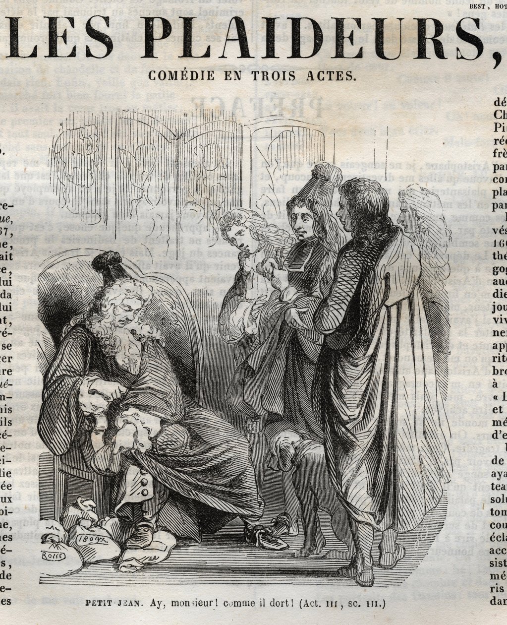 Les Plaideurs (1668) komedie o třech dějstvích – rytina do „Díla Jeana Racina““, ilustrovaná Pauquetem a upozornění Emile de La Bedolliere – 1851 od Hippolyte Louis Pauquet