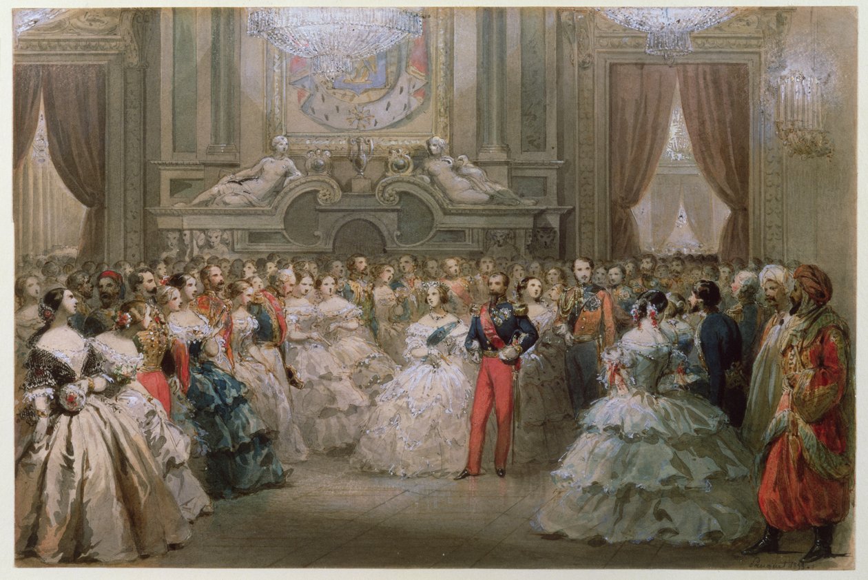 Královna Viktorie (1819-1901) a princ Albert (1819-61) na slavnostní večeři pořádané Napoleonem III. a Eugenií, 1853 (wc na papíře) od Hippolyte Louis Pauquet
