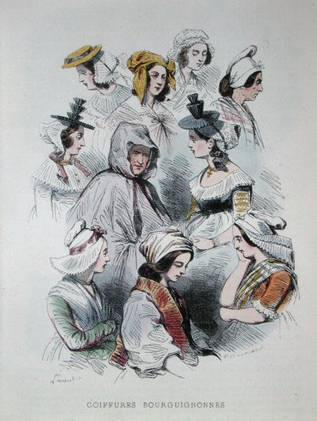 Pokrývky hlavy burgundských rolníků z knihy „Les Francais peints par lui-mes“ od Hippolyte Louis and Polydore Pauquet