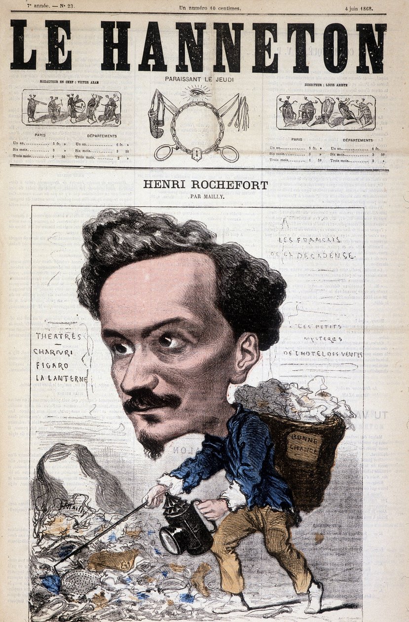 Cartoon Henri Rochefort (1831-1913), francouzský novinář, spisovatel a politik. V Le Hanneton, 4. června od Hippolyte Mailly