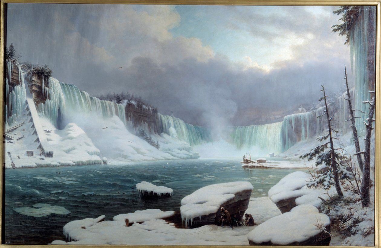 Velký niagarský katarakt, zimní efekt. Pohled na Niagarské vodopády. Obraz od Hippolyte Victor Valentin Sebron (1801-1879) od Hippolyte Victor Valentin Sebron