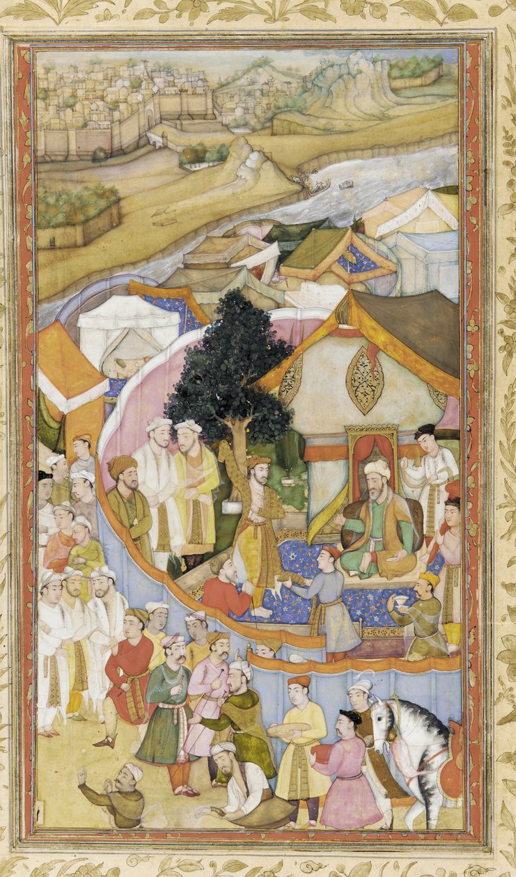 Daud přebírá čestné roucho od Munim Khan ilustrace z The Akbarnama, cca 1604 od Hiranand