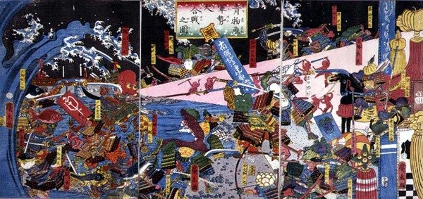 Parodie na bitevní scénu, zobrazující bitvu zeleniny a ryb od Hirokage Utagawa
