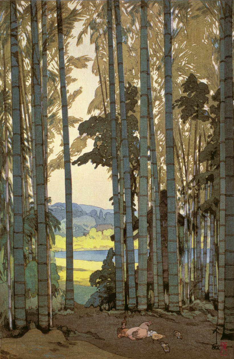 Slepice v bambusovém dřevě (barevný dřevotisk) od Hiroshi Yoshida