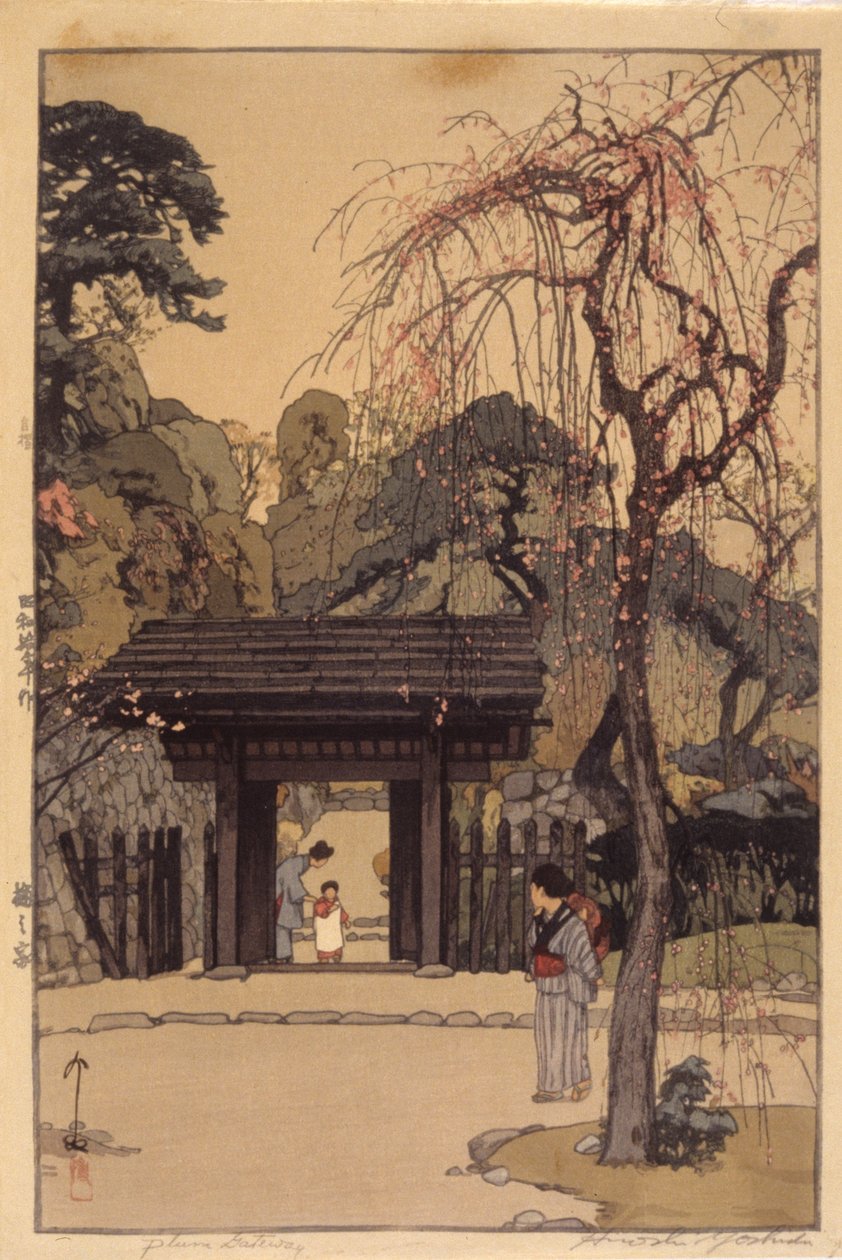 Plum Gateway (barevný dřevořezný tisk) od Hiroshi Yoshida