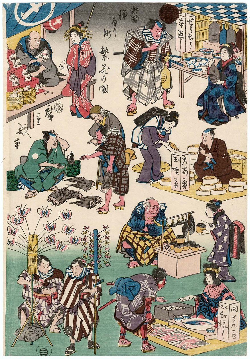 Postavy ze hry jako obchodníci a zákazníci od Utagawa Hiroshige