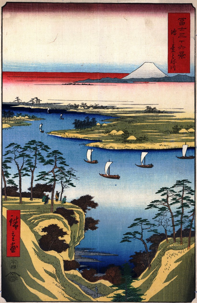 36 pohledů na horu Fuji - 11. Kopec divoké husy a řeka Tone od Utagawa Hiroshige