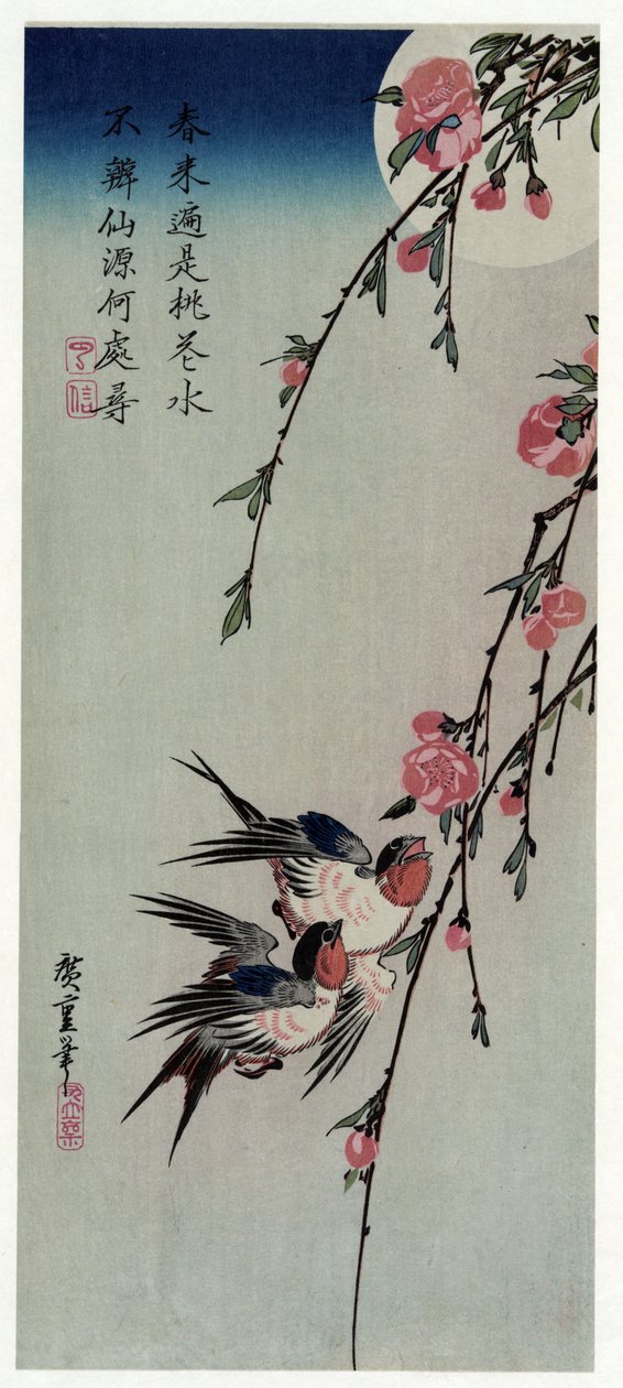 Gekka Momo ni Tsubakura (Moon, Swallows, and Peach Blossoms) od Utagawa Hiroshige