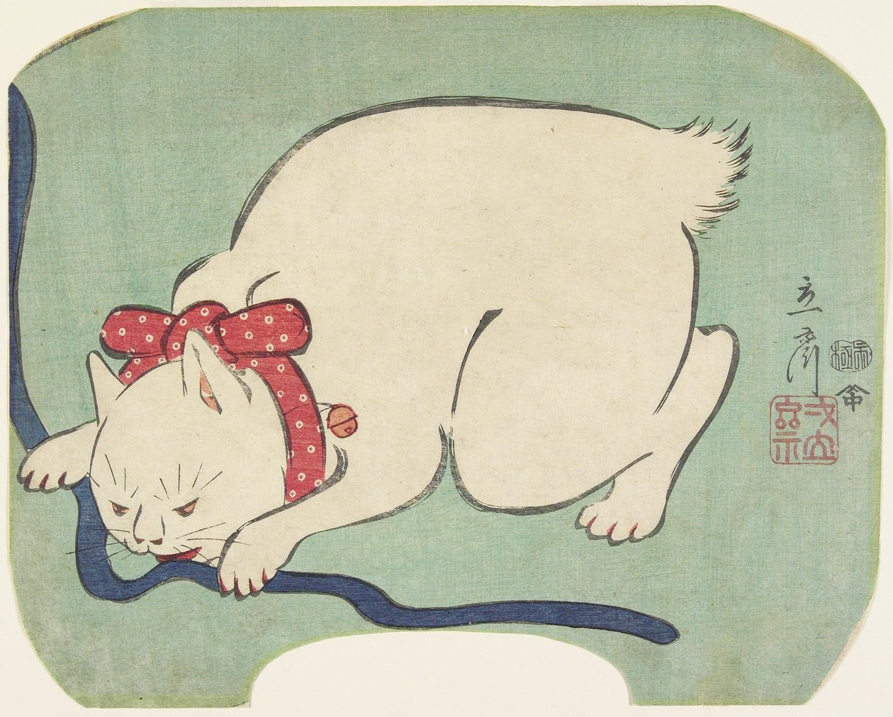 Bílá kočka hrající si s provázkem, 1863 od Hiroshige II