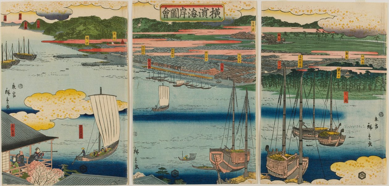 Obrázek pobřeží Jokohamy, období Edo, 1860 (barevný dřevořez) od Hiroshige II