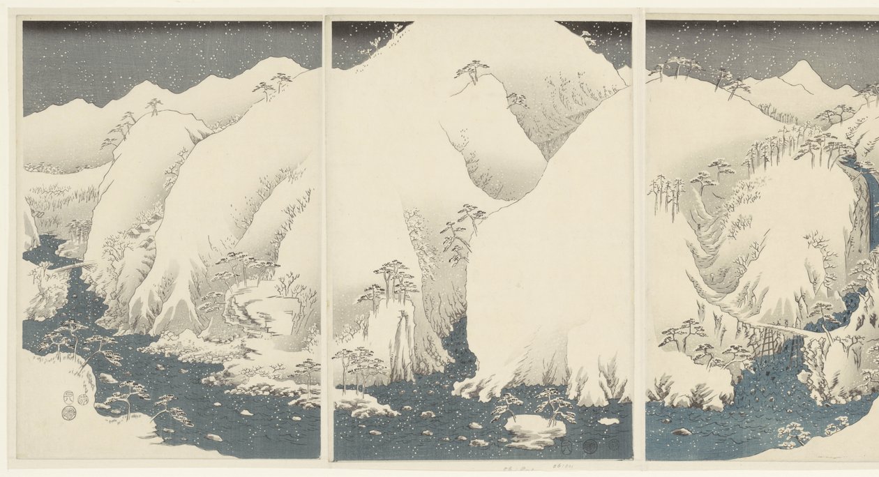 Hory a řeky podél trasy Kiso Kisoji no yamakawa (název na objektu) Sníh, měsíc a květiny (název série) Setsugekka (název série) od Hiroshige (I) , Utagawa