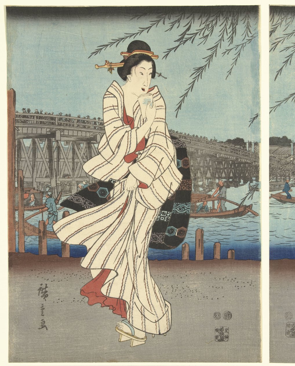Slavná místa ve východním hlavním městě: Užijte si večerní vánek u mostu Ryogoku od Hiroshige (I) , Utagawa