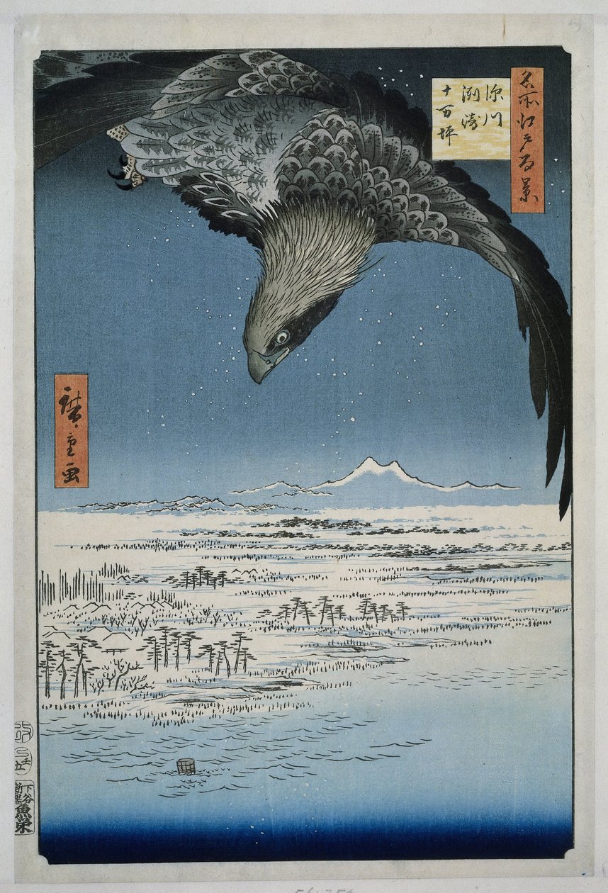 Planina Jumantsubo v Susaki poblíž Fukagawa Fukagawa Susaki Jumantsubo (název na objektu) Sto slavných tváří na Edo (název série) Meisho Edo hyakkei (název série na objektu) od Hiroshige (I) , Utagawa