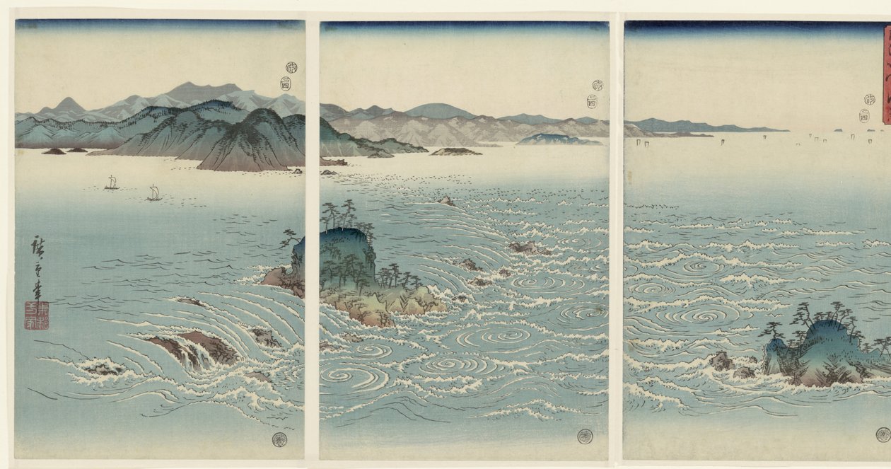 Pohled na vířivky v Naruta v provincii Awa Awa Naruto no fukei (název na předmětu) Sníh, měsíc a květiny (název série) Setsugekka (název série) od Hiroshige (I) , Utagawa