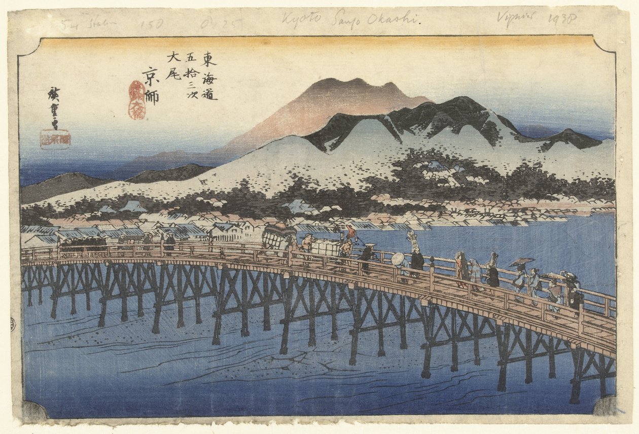 Kyoto, de grote brug bij Sanjo Kyoto, Sanjo Ohashi (název na objektu) De 53 stanic van de Tokaido (název série) Tokaido gojusan tsugi no uchi (název série na objektu) od Hiroshige (I) , Utagawa