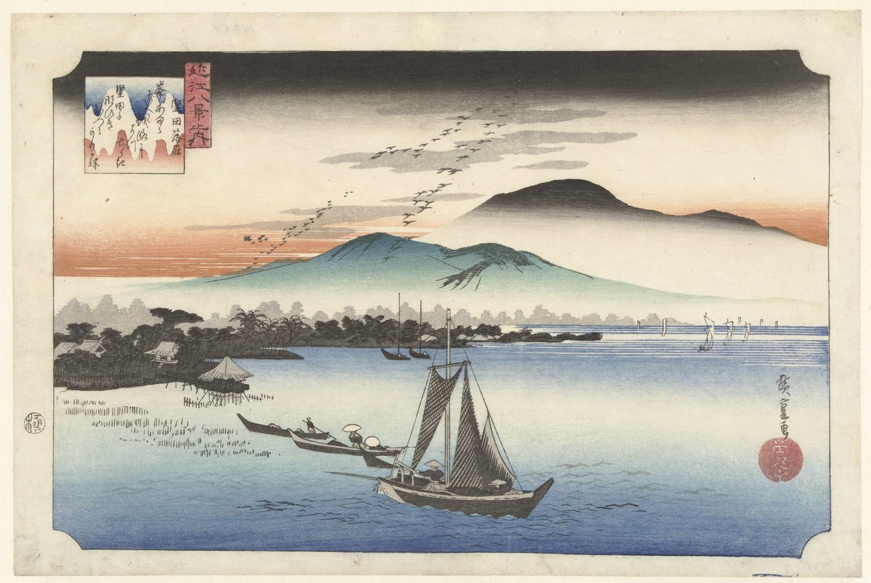 Házení hus na Katatě Katata no rakugan (název na objektu) Osm pohledů na provincii Omi (název série) Omi Hakkei (název na objektu) od Hiroshige (I) , Utagawa