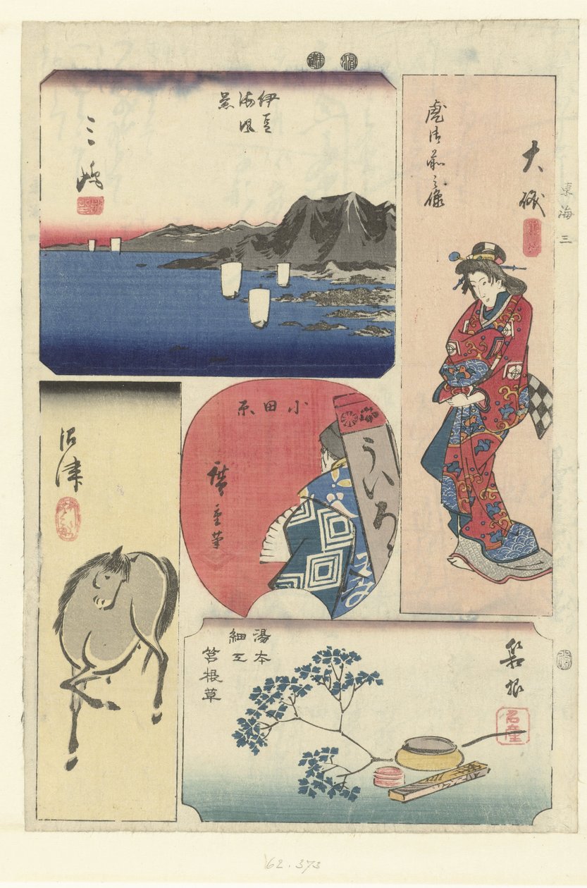 Číslo tři na Tokaidó Tokai san (název na objektu) Výřezy z Tokaida (název série) Tokaido harimaze zue (název série) od Hiroshige (I) , Utagawa