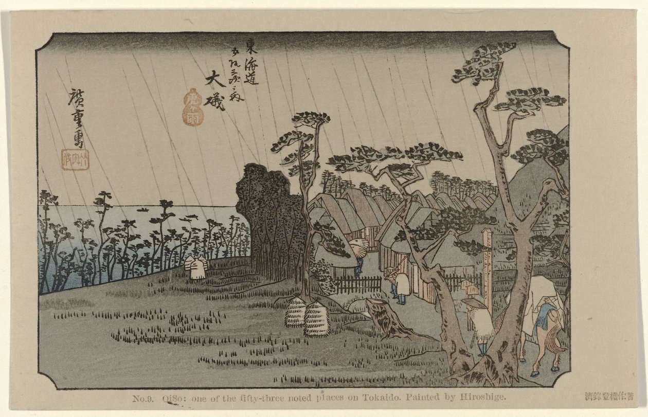 Oiso Č. 9. Oiso: jedno z padesáti tří významných míst na Tokaidó. Maloval Hiroshige (název na objektu) De Tôkaidô van Hiroshige (název série) Hiroshige no fude Tôkaidô (název série na objektu) od Hiroshige (I) , Utagawa