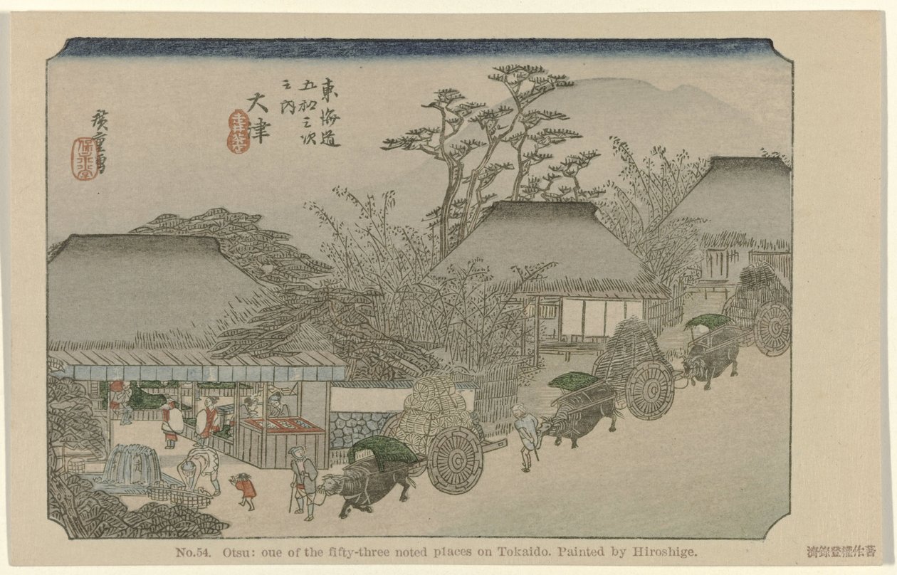 Otsu č. 54. Otsu: jedno z padesáti tří významných míst na Tokaidu, namaloval Hiroshige (název na objektu) De Tôkaidô van Hiroshige (název série) Hiroshige no fude Tôkaidô (název série na objektu) od Hiroshige (I) , Utagawa