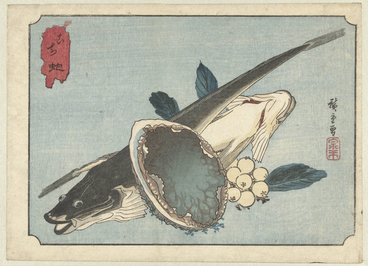 Platýs, ušeň a bobule Kochi awabi (název na objektu) od Hiroshige (I) , Utagawa