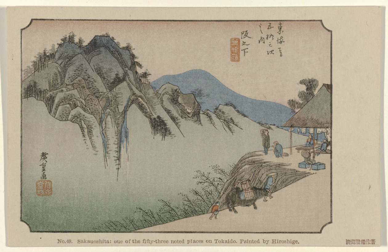 Saka no shita Č. 49. Saka no shita: jedno z padesáti tří známých míst na Tokaidó, namaloval Hiroshige (název na objektu) De Tôkaidô van Hiroshige (název série) Hiroshige no fude Tôkaidô (název série na objektu) od Hiroshige (I) , Utagawa
