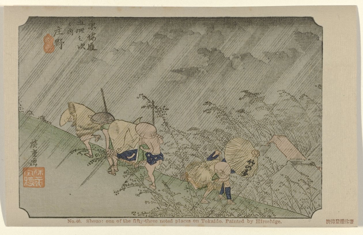 Shono Č. 46. Shono: jedno z padesáti tří známých míst na Tokaidu, namaloval Hiroshige (název na objektu) De Tôkaidô van Hiroshige (název série) Hiroshige no fude Tôkaidô (název série na objektu) od Hiroshige (I) , Utagawa
