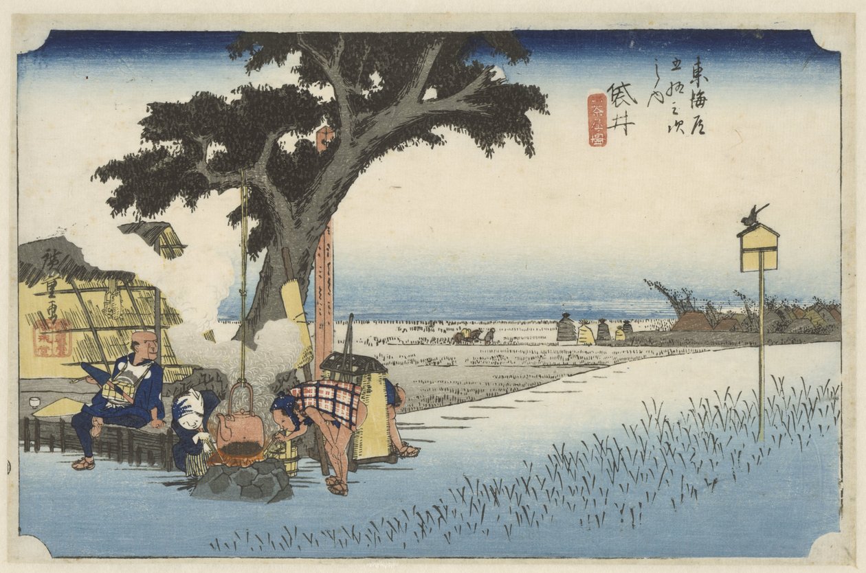 Theehuis in de buitenlucht ve Fukuroi Fukuroi, dechaya no zu (název na objektu) De 53 stanic van de Tokaido (název série) Tokaido gojusan tsugi no uchi (název série) od Hiroshige (I) , Utagawa