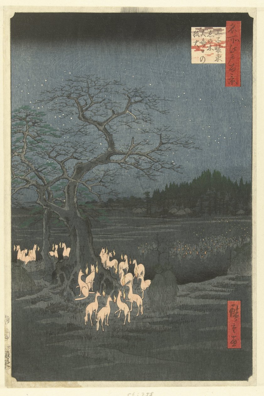 Foxfire na Silvestra na kopřivovém stromu Shozoku v Oji Oji Shozoku enoki omisoka no kitsunebi (název na objektu) Sto slavných tváří na Edo (název série) Meisho Edo hyakkei (název série na objektu) od Hiroshige (I) , Utagawa