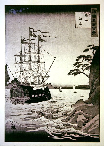 Černá (evropská) loď na pobřeží Tsushima od Hiroshige II