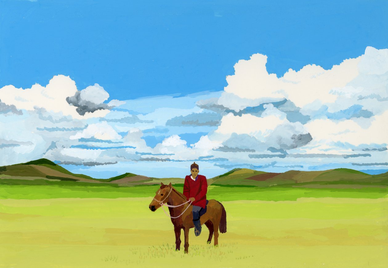 Mongolské stepi a lidé jedoucí na koních, 2015 (Kvaš na papíře) od Hiroyuki Izutsu