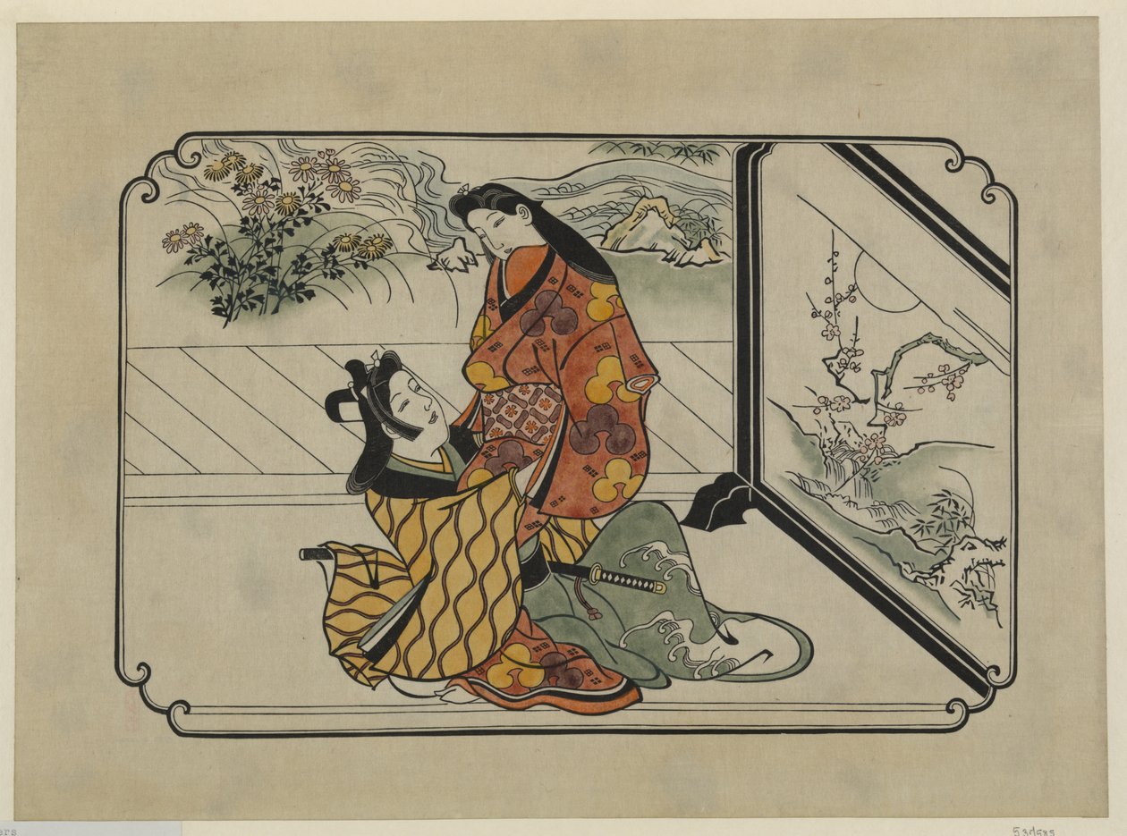 Ručně barevný potisk ukiyo-e Dva milenci objímající se před malovanou obrazovkou od Hishikawa Moronobu