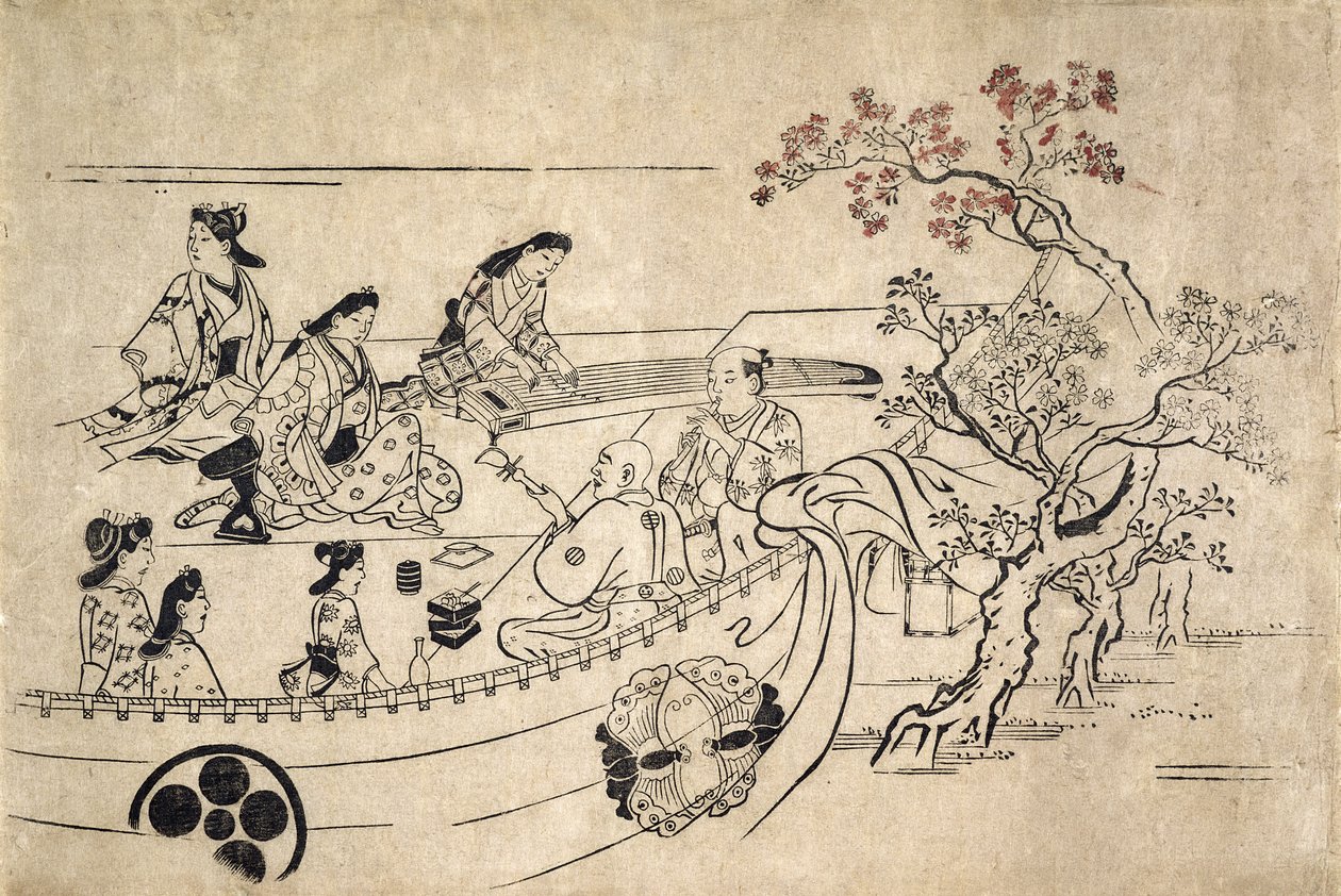 Hudba pod třešní v Ueno, kolem roku 1680 (dřevotisk) od Hishikawa Moronobu