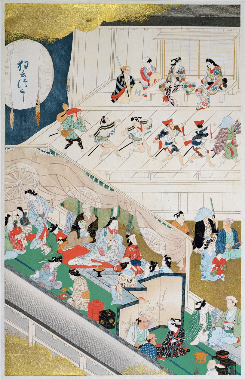 Scéna japonského populárního divadla v období Genroku (1688-1704), ilustrace z časopisu 