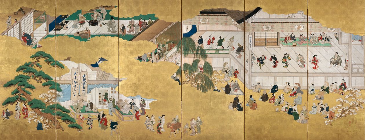 Scény z divadla Nakamura Kabuki od Hishikawa Moronobu