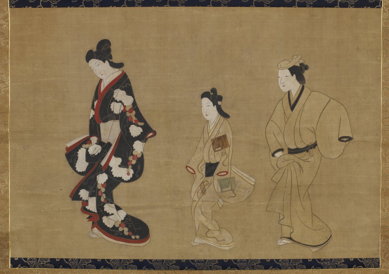 Prostitutka, Kamuro a Wakashu, kolem roku 1695 (inkoust a barva na hedvábí) od Moronobu Hishikawa
