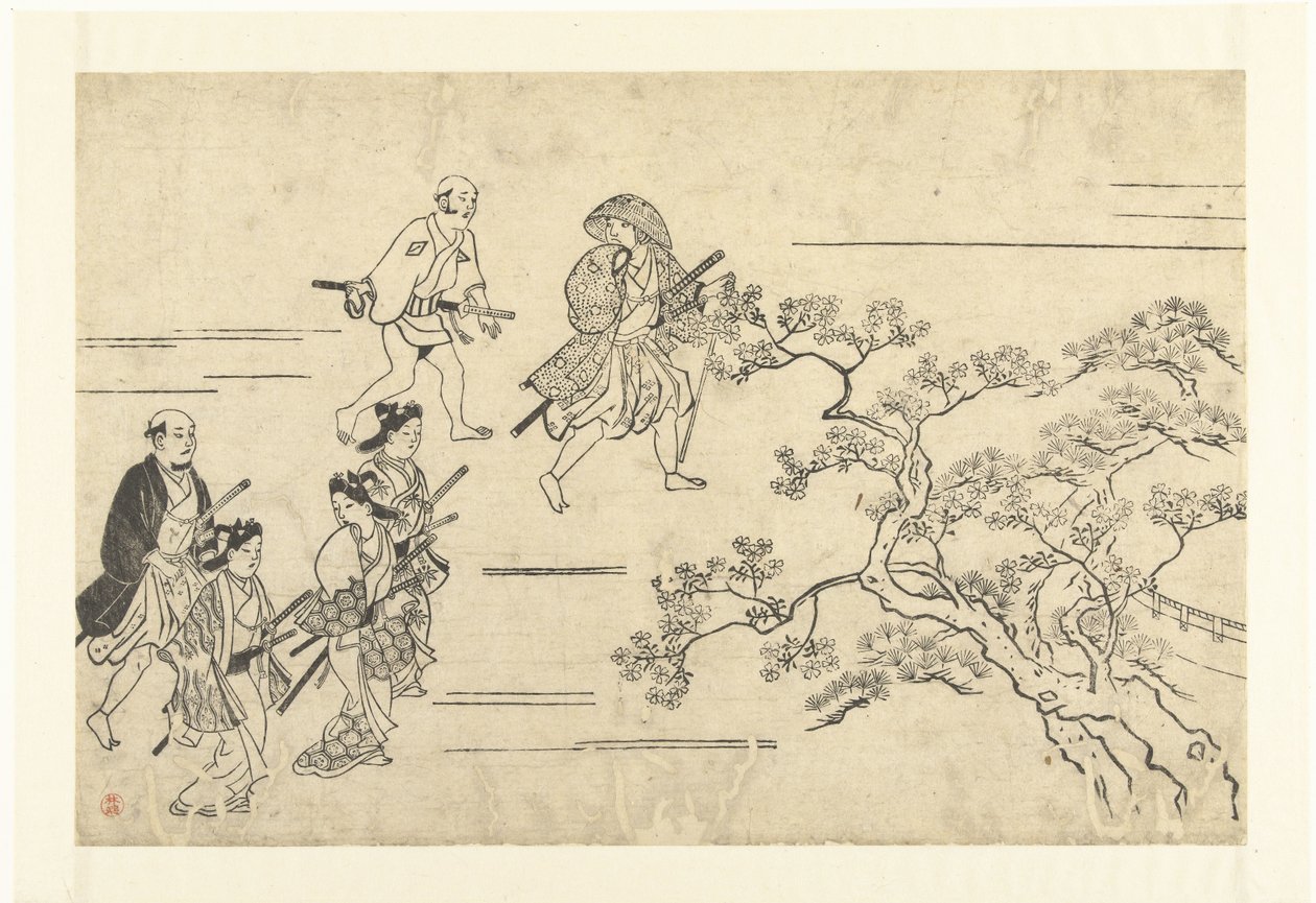 Pět šlechticů a sluha na cestě na piknik Prohlížení Cherry Blossoms v Ueno (název série) Ueno hanami no tei (název série) od Hishikawa Moronobu (attributed to)