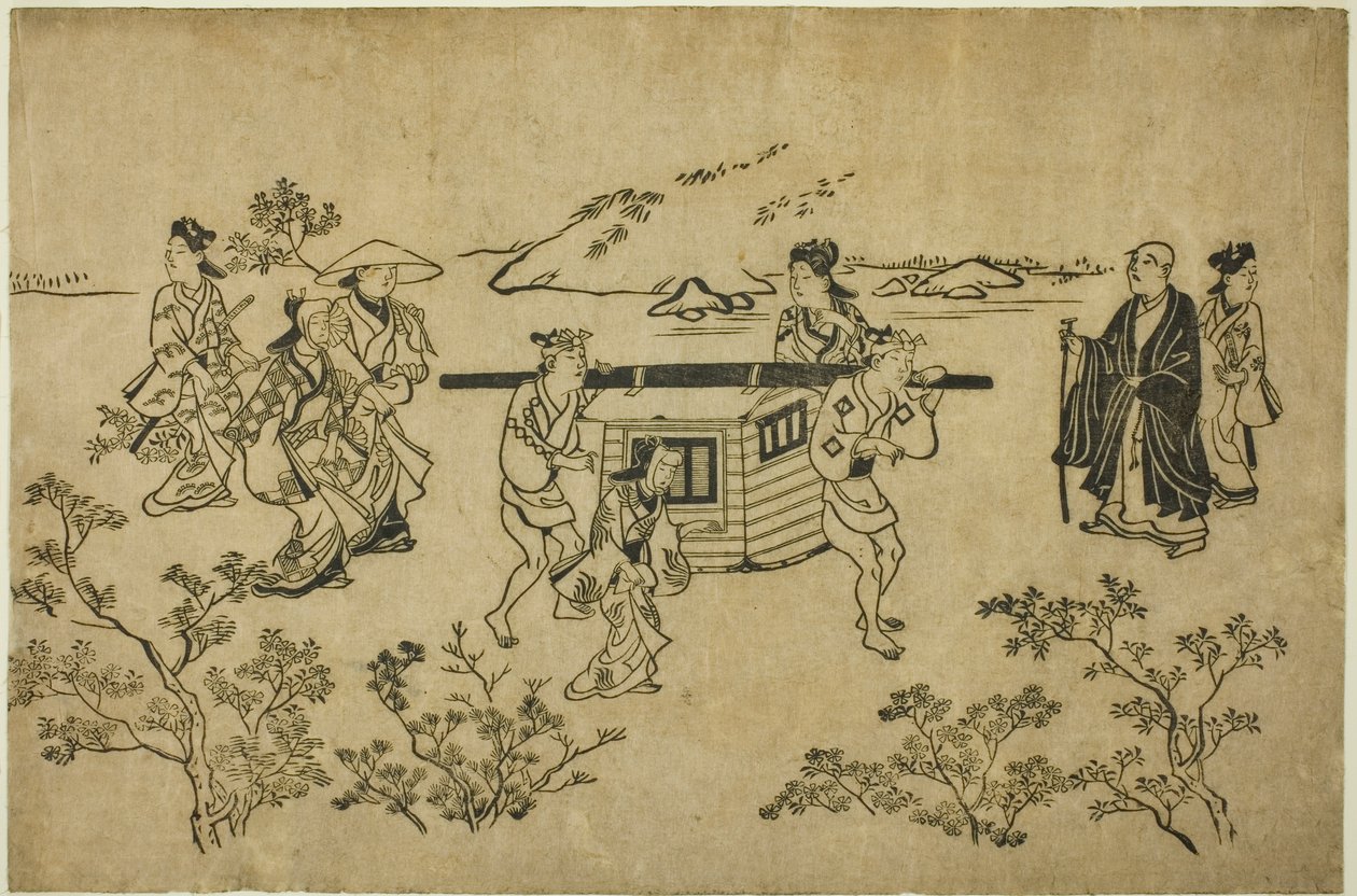 A Passing Palanquin, ze série „Scény prohlídek květin v Ueno (Ueno hanami no tei)“ od Hishikawa Moronobu