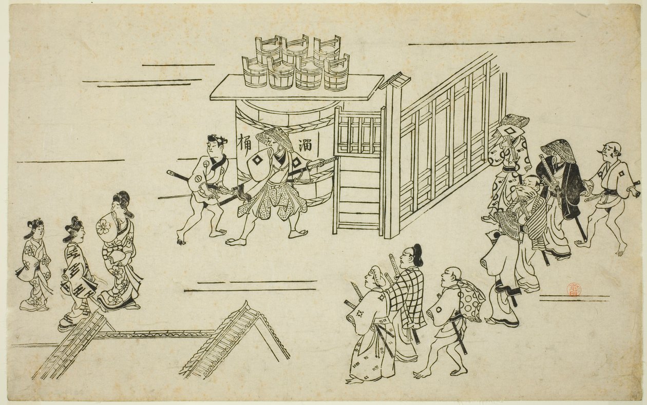 Vstup do Ageyacho, ze série "Vzhled Yoshiwary (Yoshiwara no tei)" od Hishikawa Moronobu