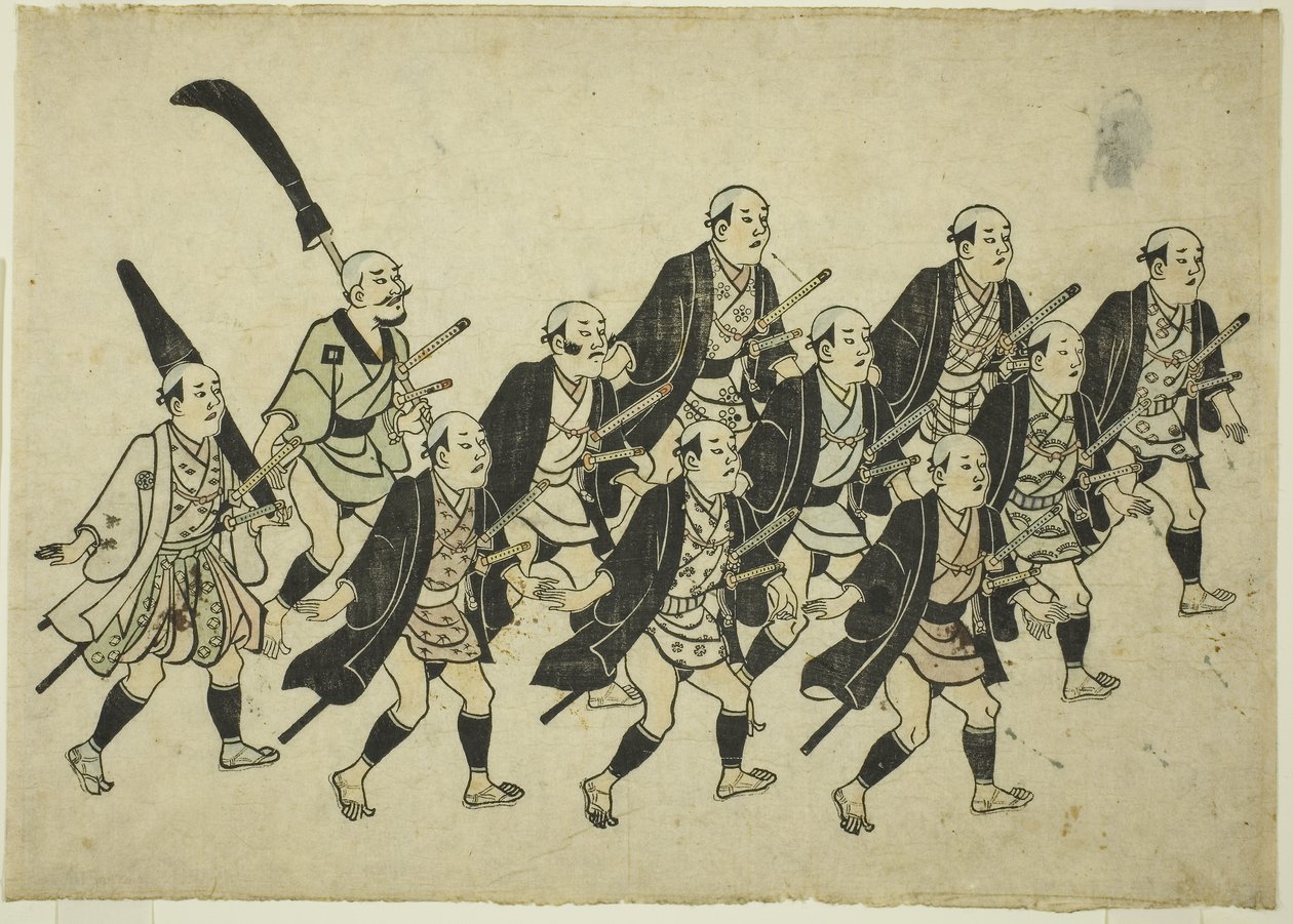 Průvod daimjóa, asi 1681-84 (ručně kolorovaný dřevoryt; oban joko-e, sumizuri-e) od Hishikawa Moronobu