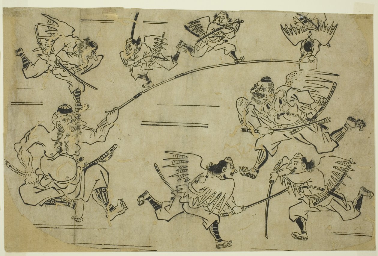 Král Tengu trénuje své žáky, kolem roku 1690 od Hishikawa Moronobu