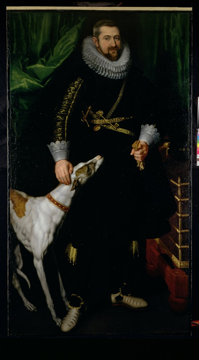 Portrét gentlemana údajně pochází z rodiny Coudenhouve z Flander, kolem 1610-20 (pár 121430) od Hispano Flemish School