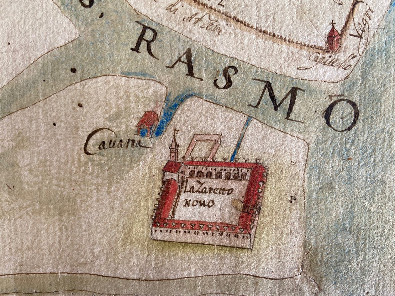 Lazzaretto Nuovo na mapě 17. století. od Historical Document.