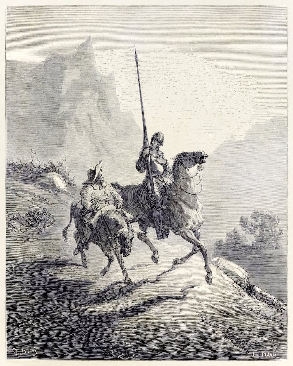 „Don Quijote a Sancho vyjíždějící“ z filmu „Don Quijote“ od Miguela de Cervantese (rytina) od Héliodore Joseph Pisan