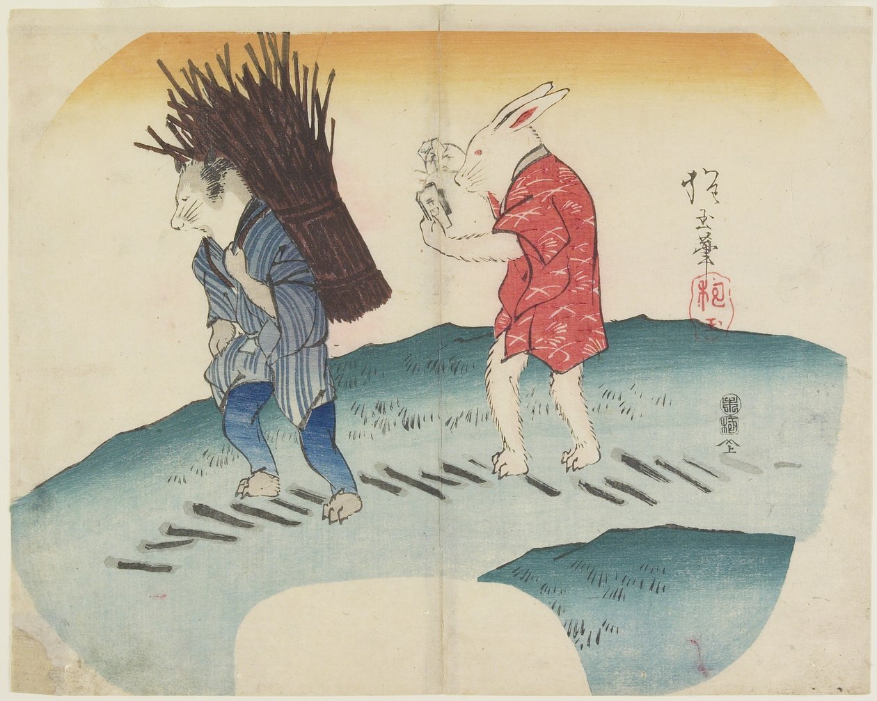 (Králík zapaluje dříví, které nese mýval), 1835 od Hogyoku